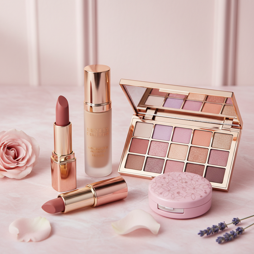 Produits de maquillage - rouge à lèvres, fond de teint et palette
