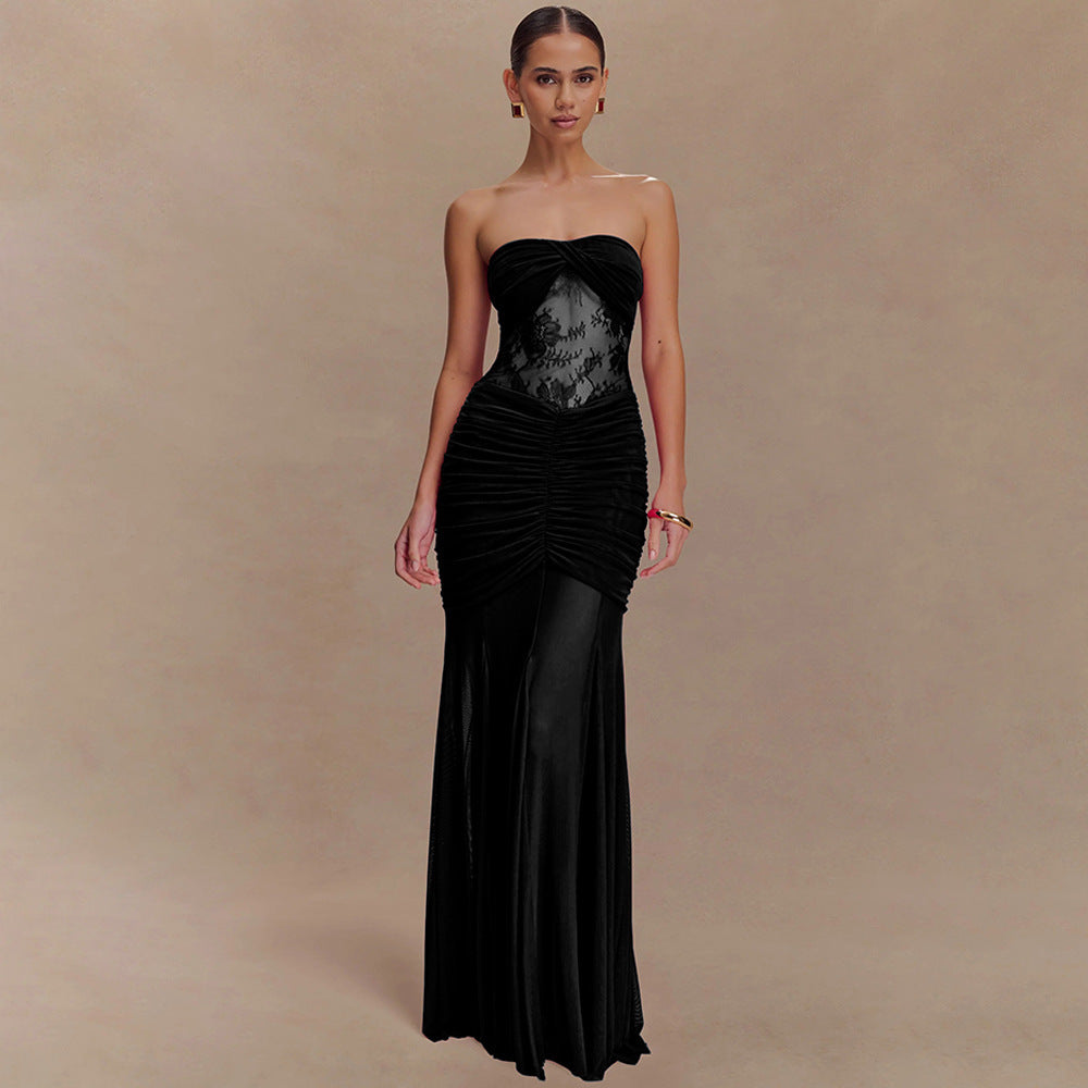 Robe longue bustier plissée transparente pour femme