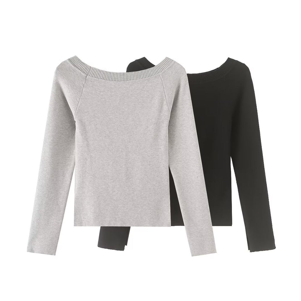 Slanted shoulder open shoulder long sleeved top