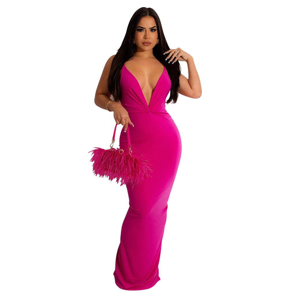 Fashionable Style Solid Color Sleeveless Pleated V-Neck Long Dress for Women