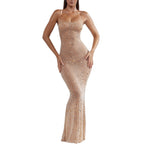 Robe de soirée longue sirène sexy à bretelles avec diamants brillants pour femme