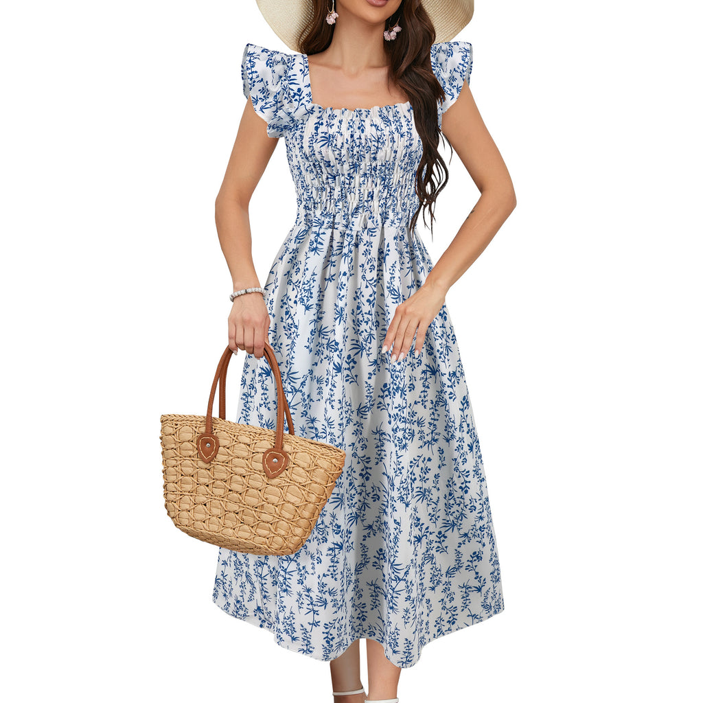 Robe Imprimée Col Carré Coupe Évasée Longue