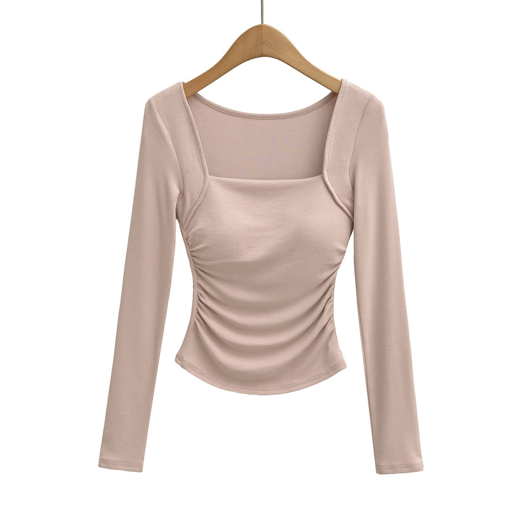 Square neck pleated long sleeved tight fitting T-shirt