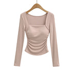 Square neck pleated long sleeved tight fitting T-shirt