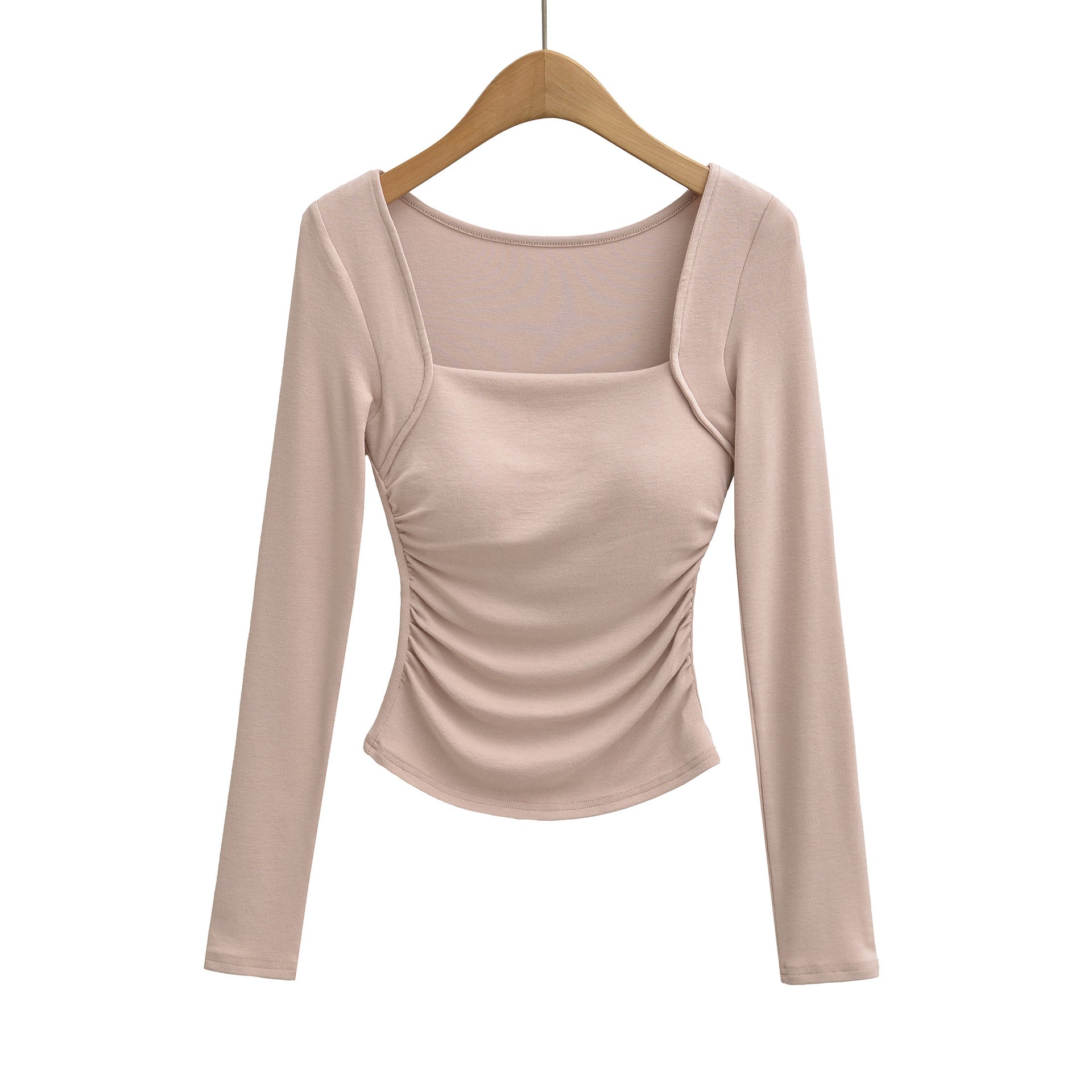 Square neck pleated long sleeved tight fitting T-shirt