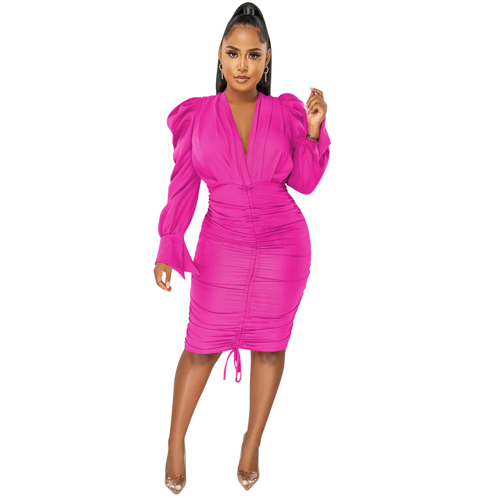 Robe plissée décontractée unie à col en V et manches longues pour femmes