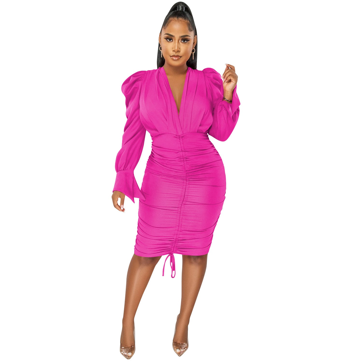 Robe plissée décontractée unie à col en V et manches longues pour femmes