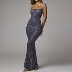 Robe de soirée longue sirène sexy à bretelles avec diamants brillants pour femme