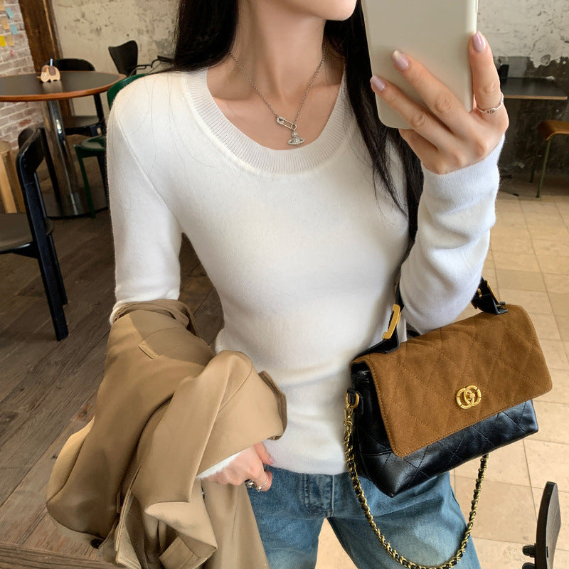 Pull en tricot de laine et soie de vison à col U pour femme, manches longues, couche intérieure épaisse et chaude