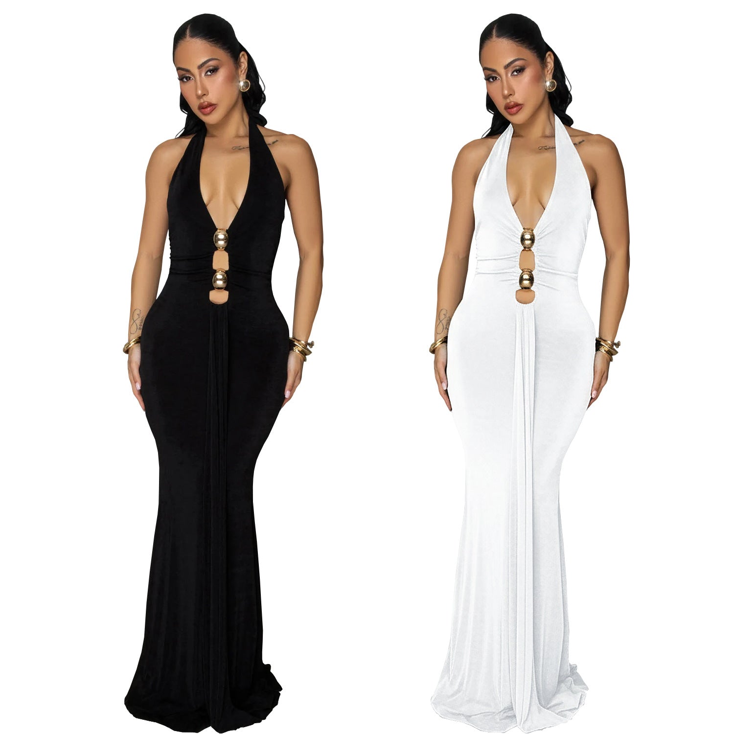 Robe Femme Sexy sans Dos, Col Halter Plongeant, Couleur Unie