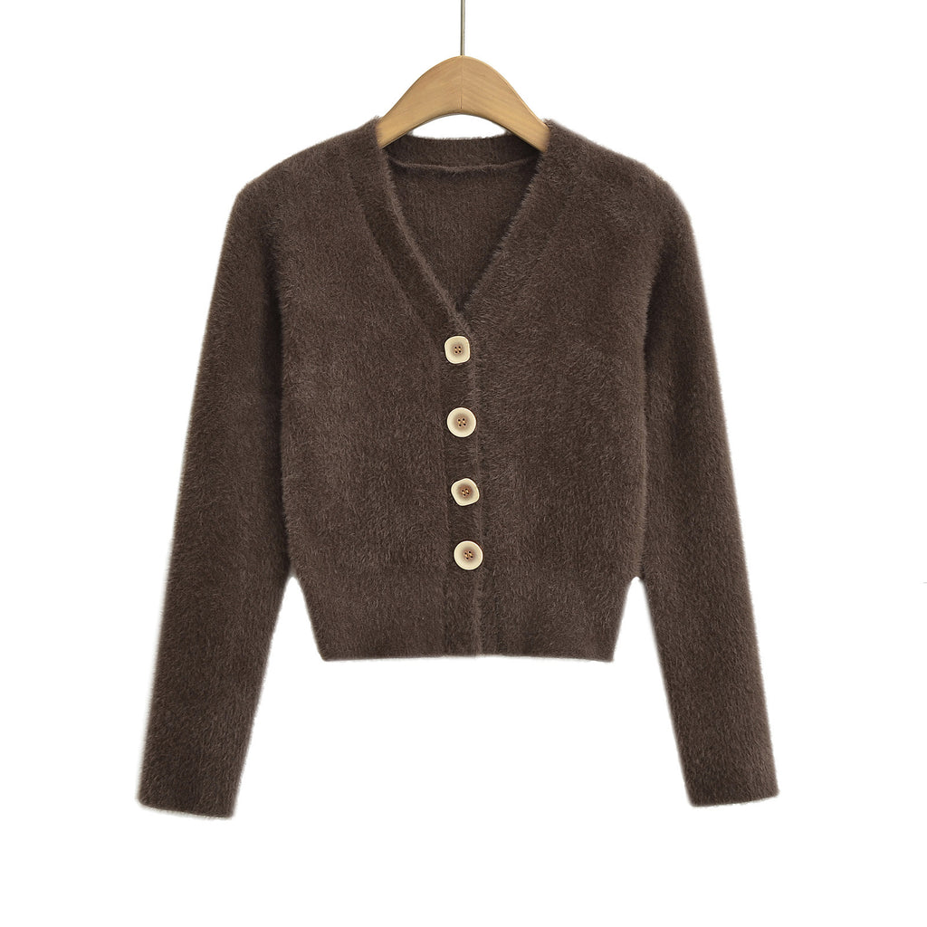 Cardigan en tricot à col en V, simple boutonnage, manches longues