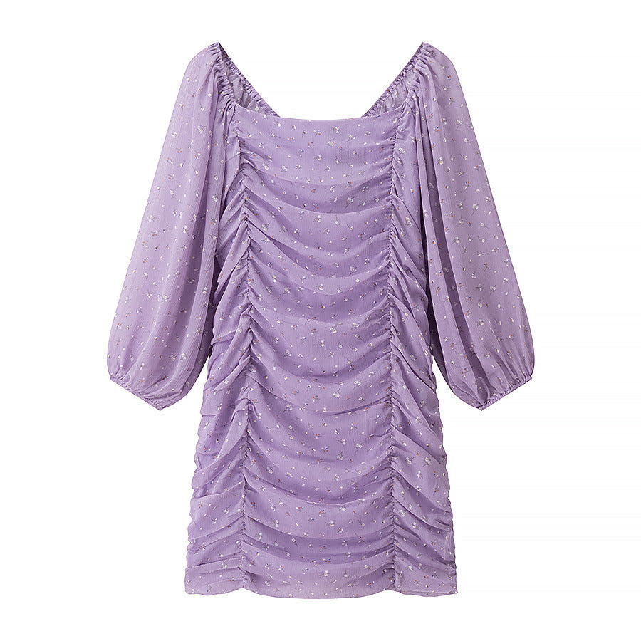 Purple wrinkled printed dress