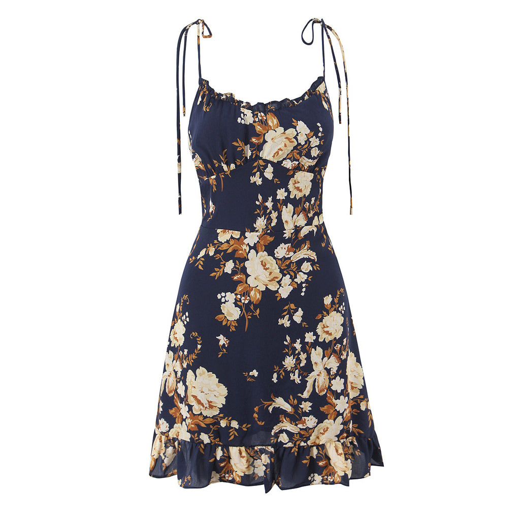 Floral slimming and slimming shoulder strap suspender dress