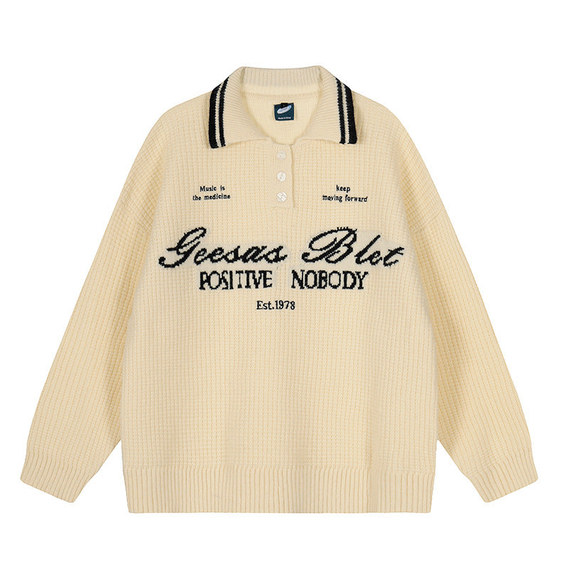 Letter Polo Neck Sweater Oversize Couple Knitwear Top