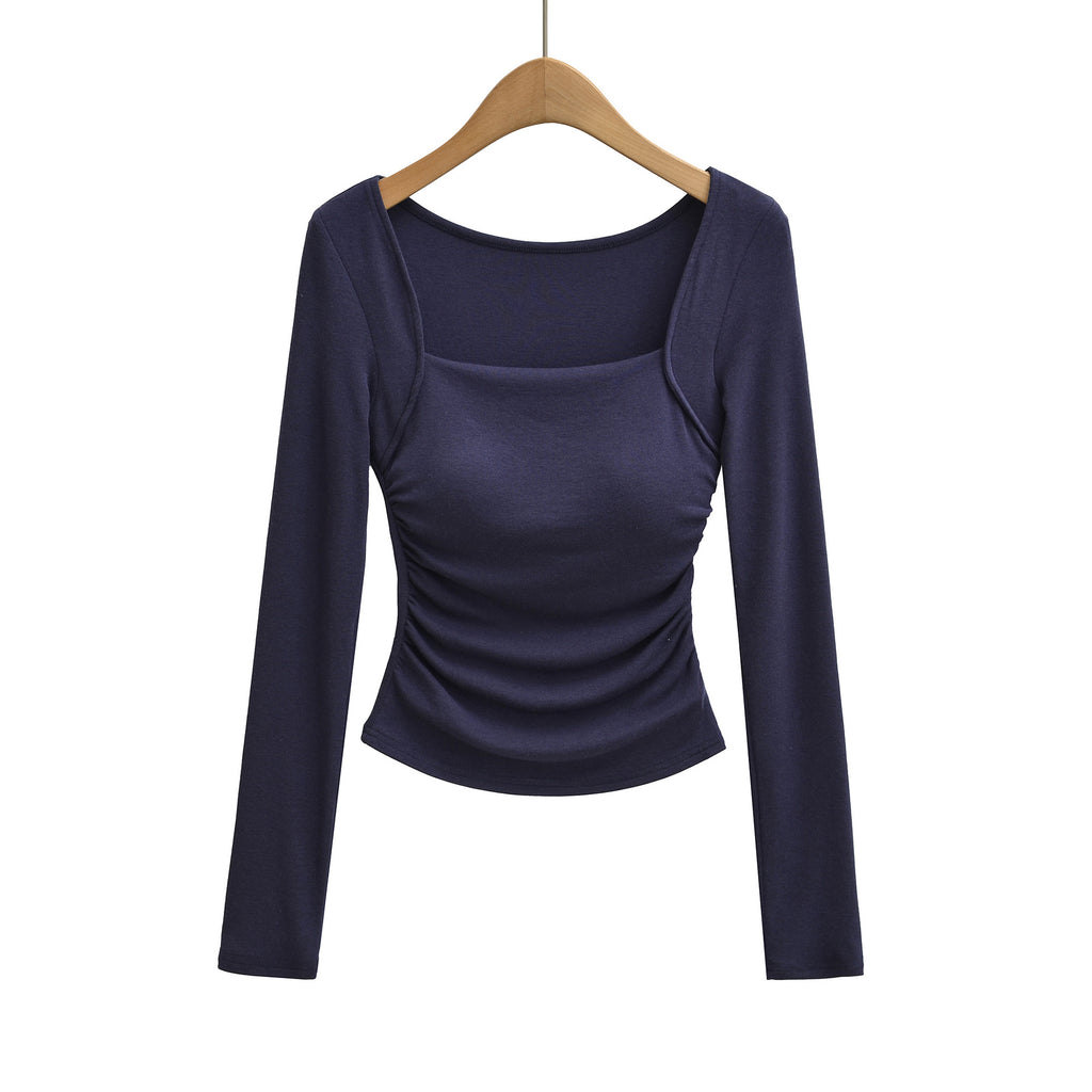 Square neck pleated long sleeved tight fitting T-shirt