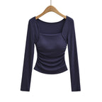 Square neck pleated long sleeved tight fitting T-shirt