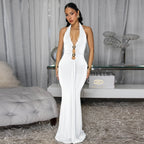 Robe Femme Sexy sans Dos, Col Halter Plongeant, Couleur Unie