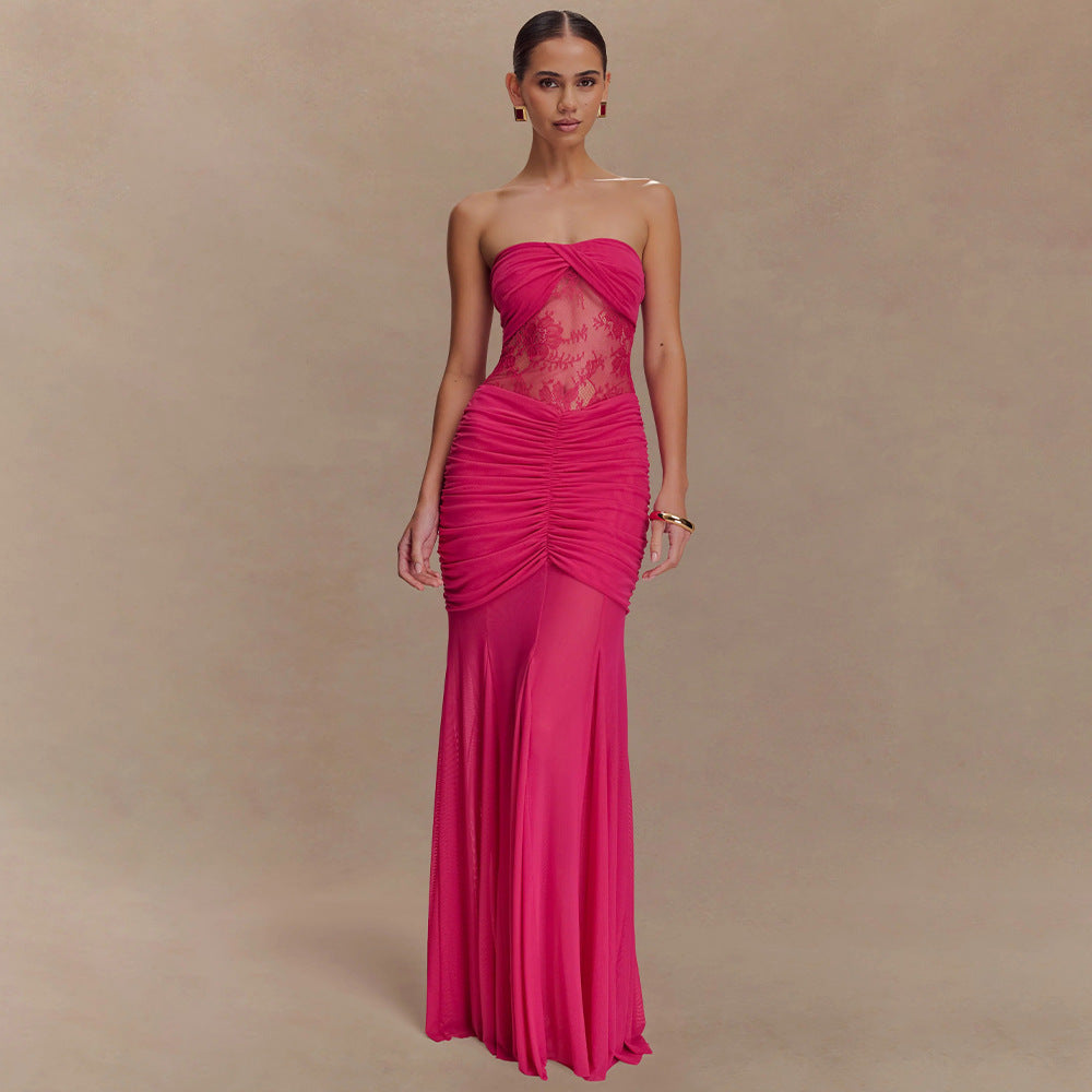 Robe longue bustier plissée transparente pour femme