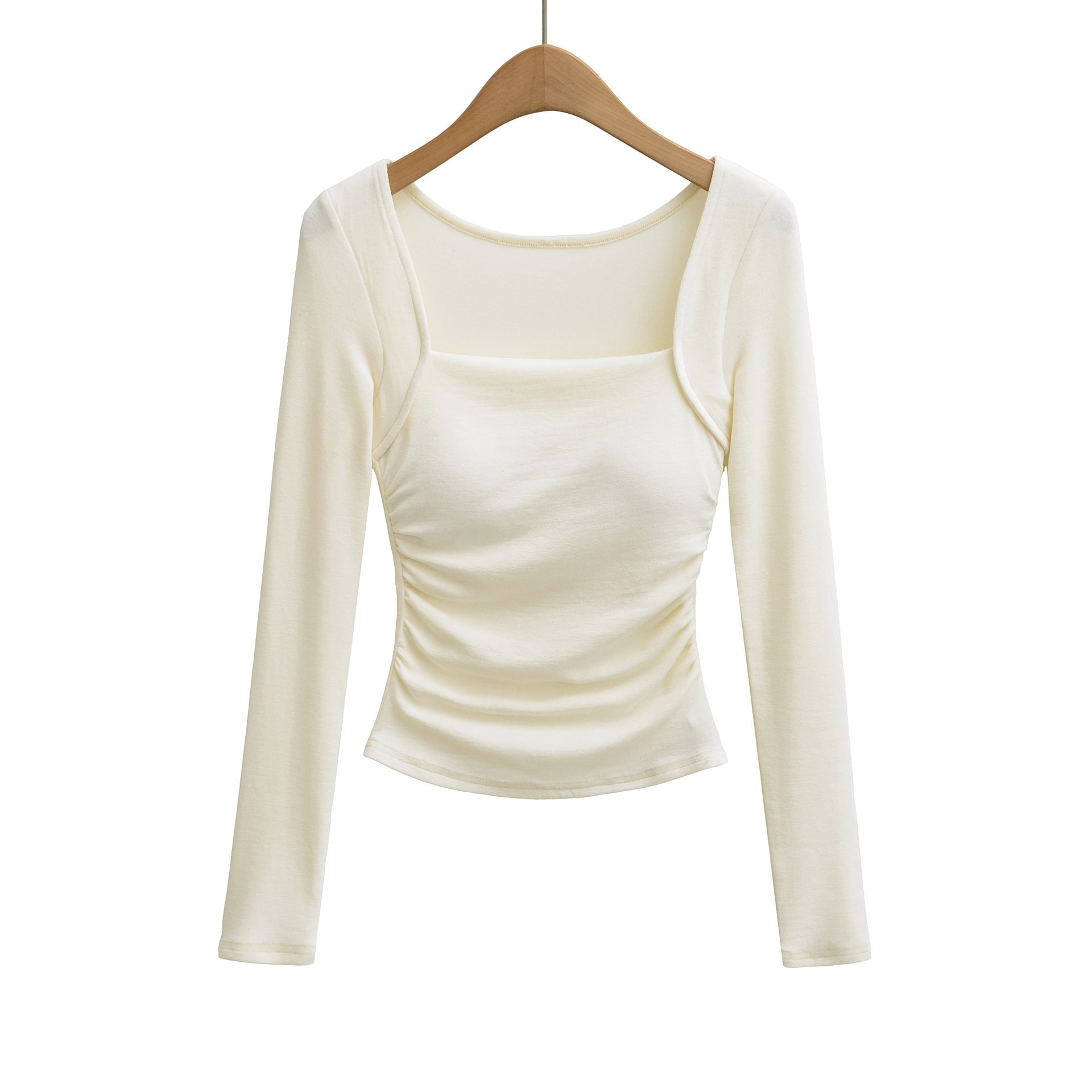 Square neck pleated long sleeved tight fitting T-shirt