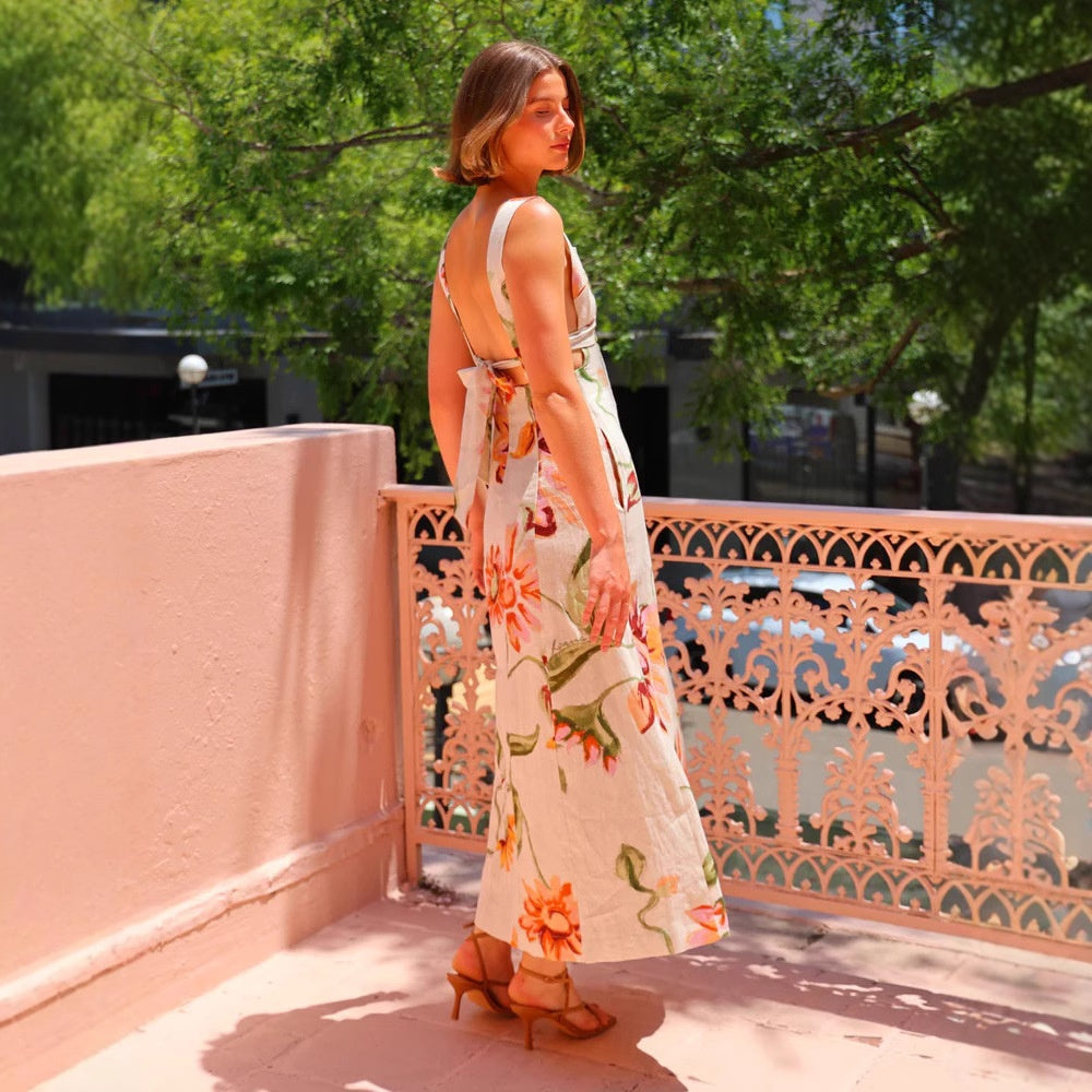 Printed Long Dress Backless Strapless Dress