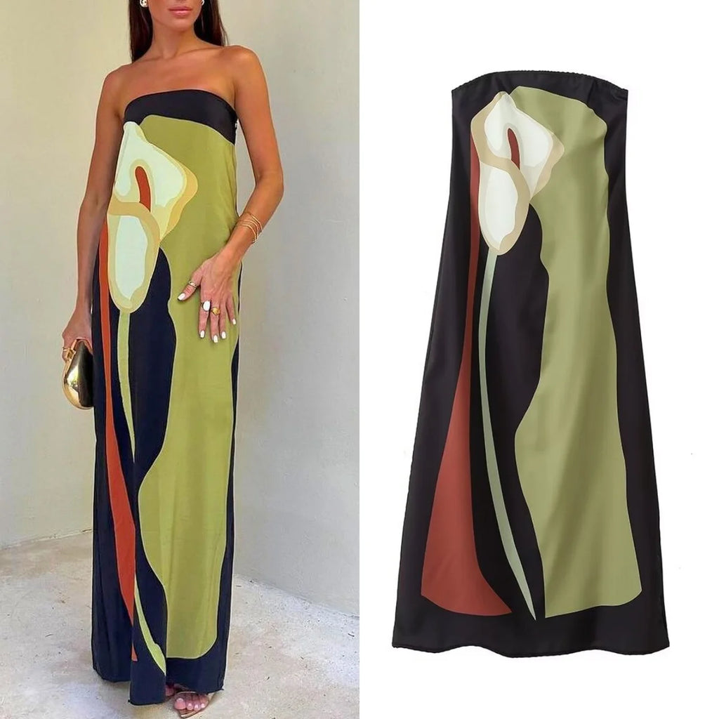 Avocado printed strapless dress