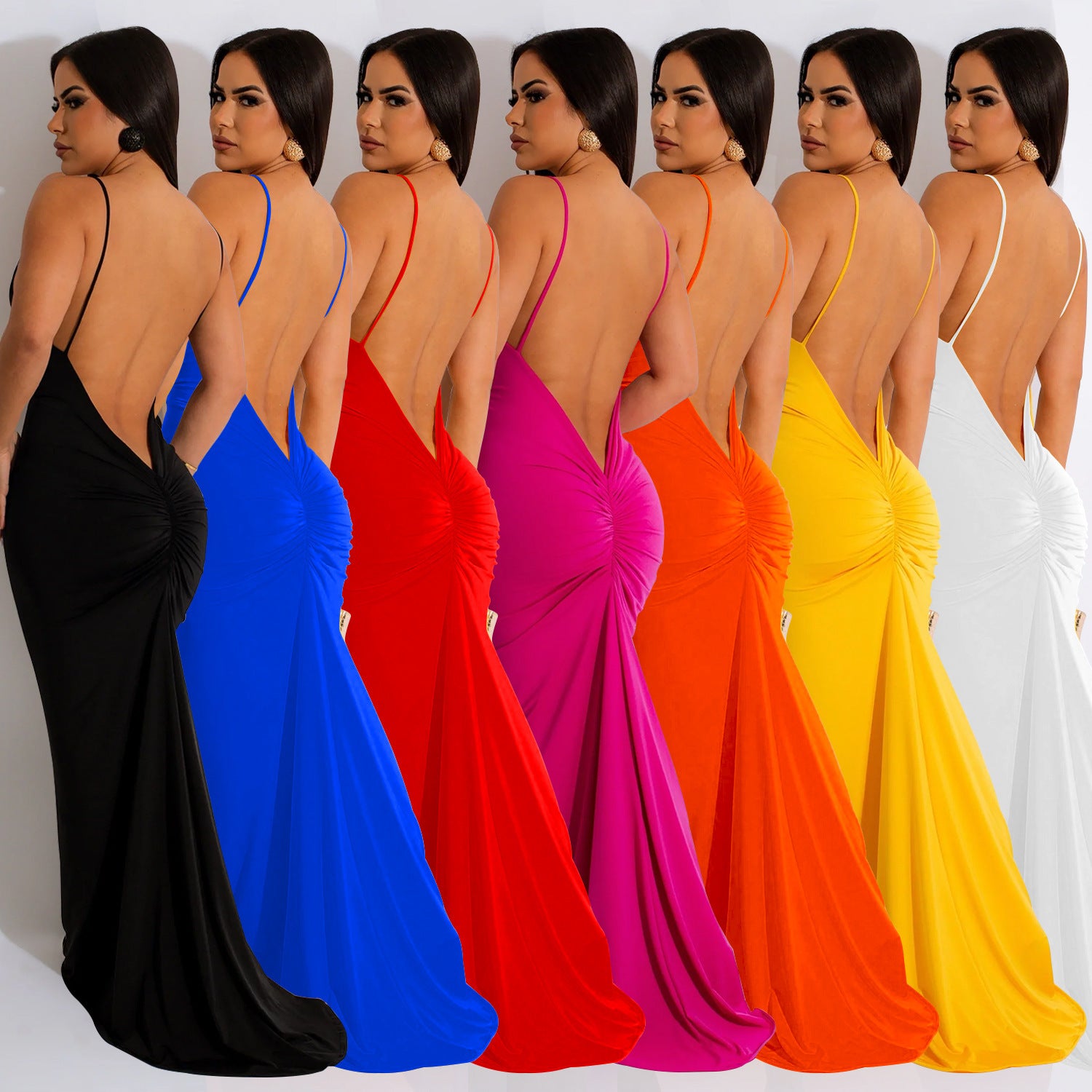Fashionable Style Solid Color Sleeveless Pleated V-Neck Long Dress for Women