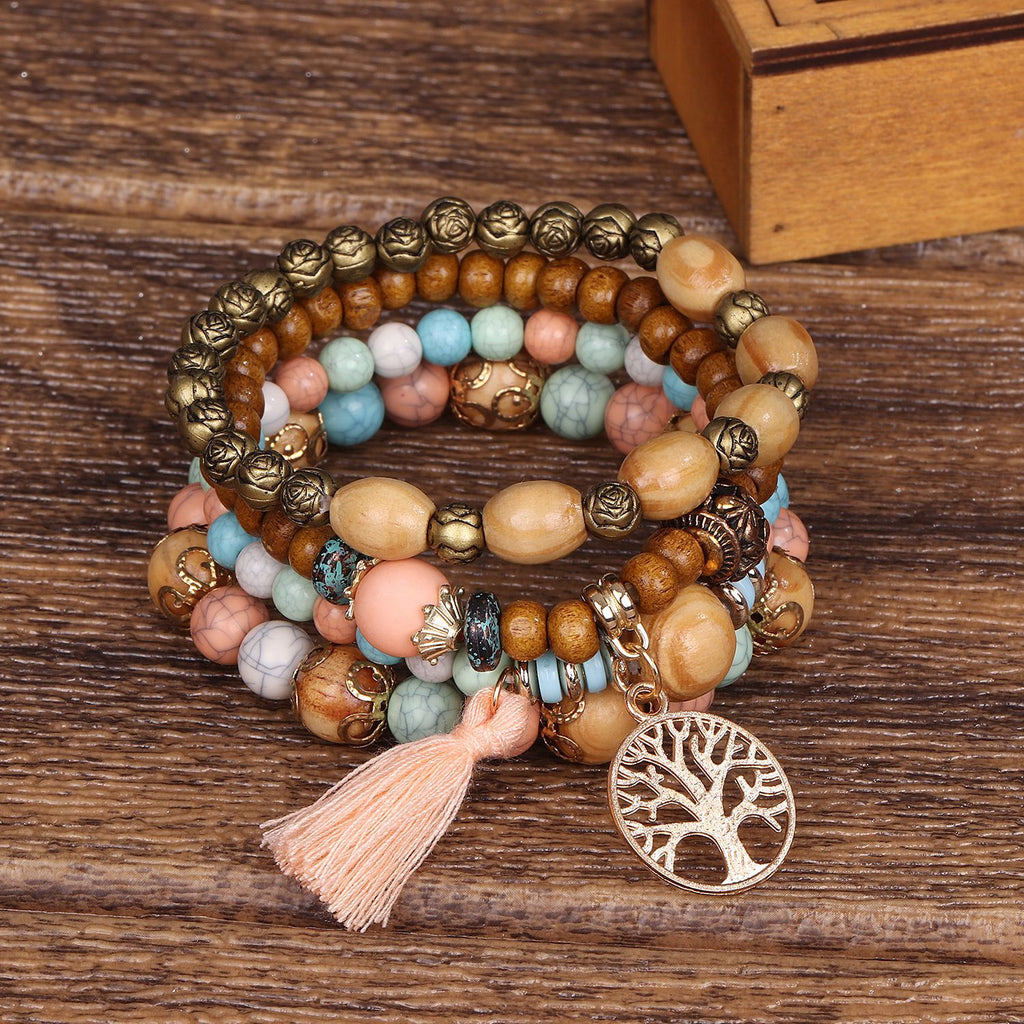 Bracelet Bohème Multicouche en Perles de Bois Extensible Bijoux