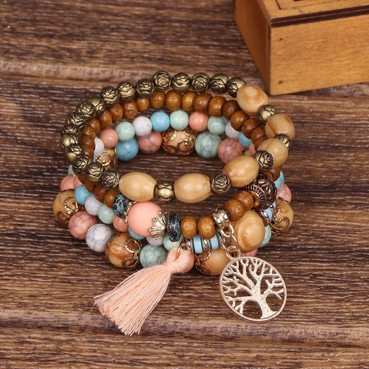 Bracelet Bohème Multicouche en Perles de Bois Extensible Bijoux