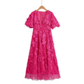 Robe longue col V manches courtes à fleurs en 3D