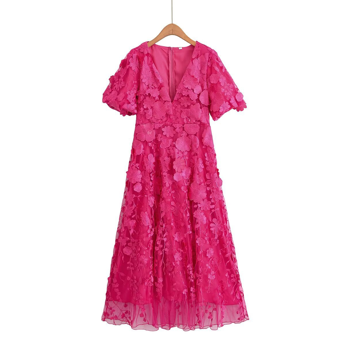 Robe longue col V manches courtes à fleurs en 3D