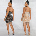Sexy Embellished Strapless Sleeveless Crop Top Dress with Fringe Details