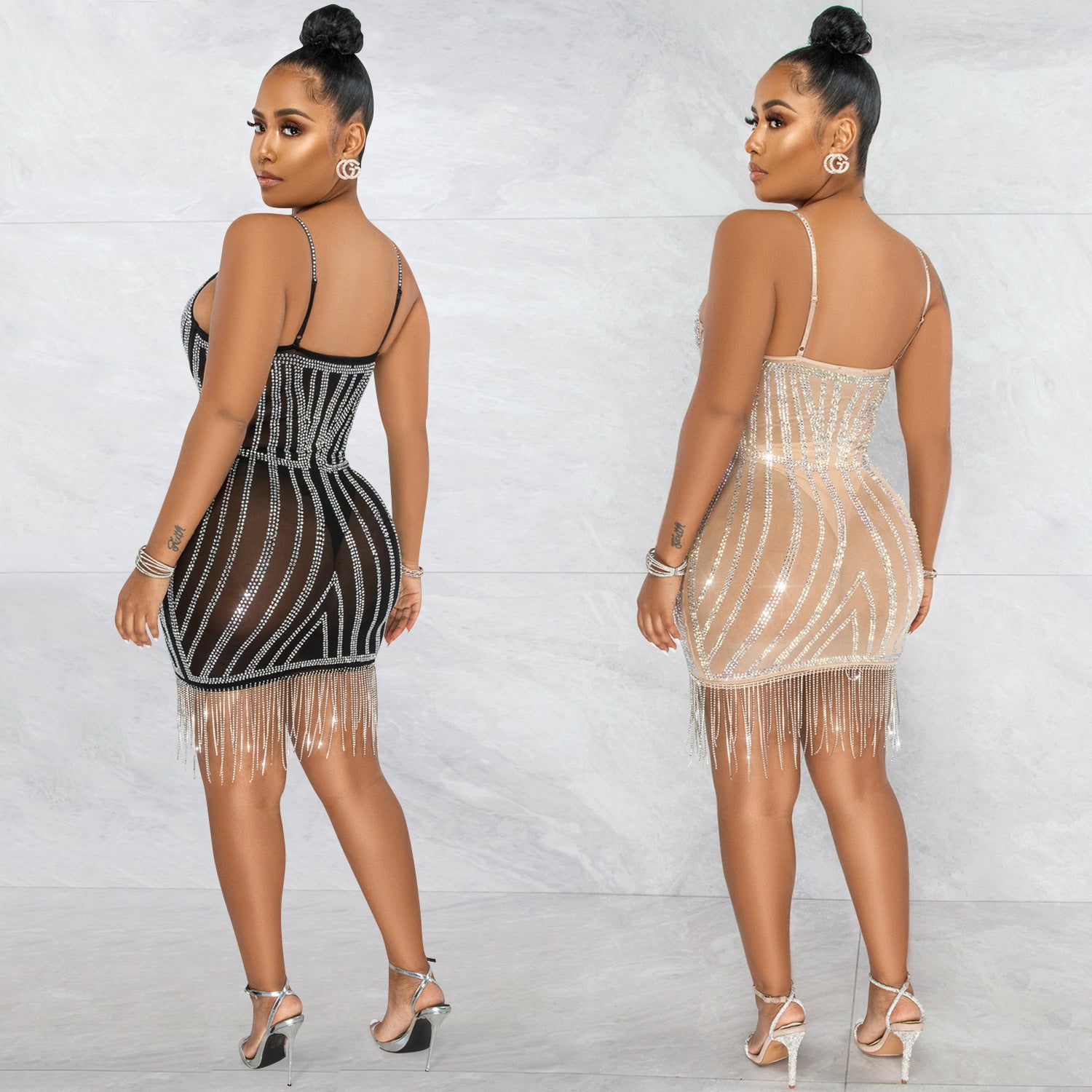 Sexy Embellished Strapless Sleeveless Crop Top Dress with Fringe Details