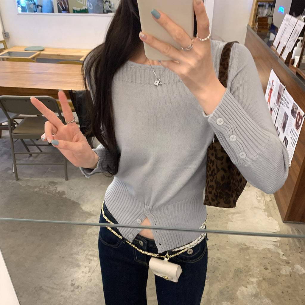Haut en maille chic, ajusté, boutonné, coupe slim pour femme, coupe courte, manches longues