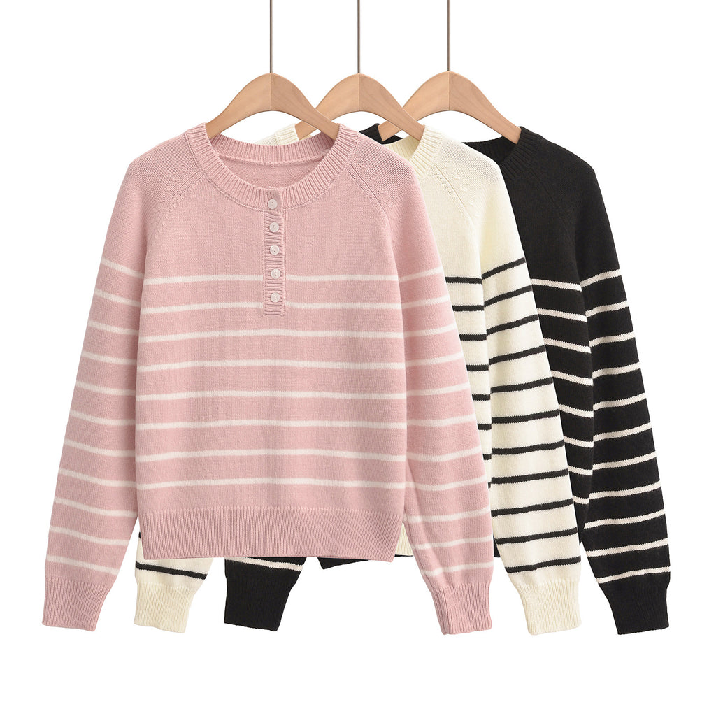 Striped round neck long sleeved loose sweater