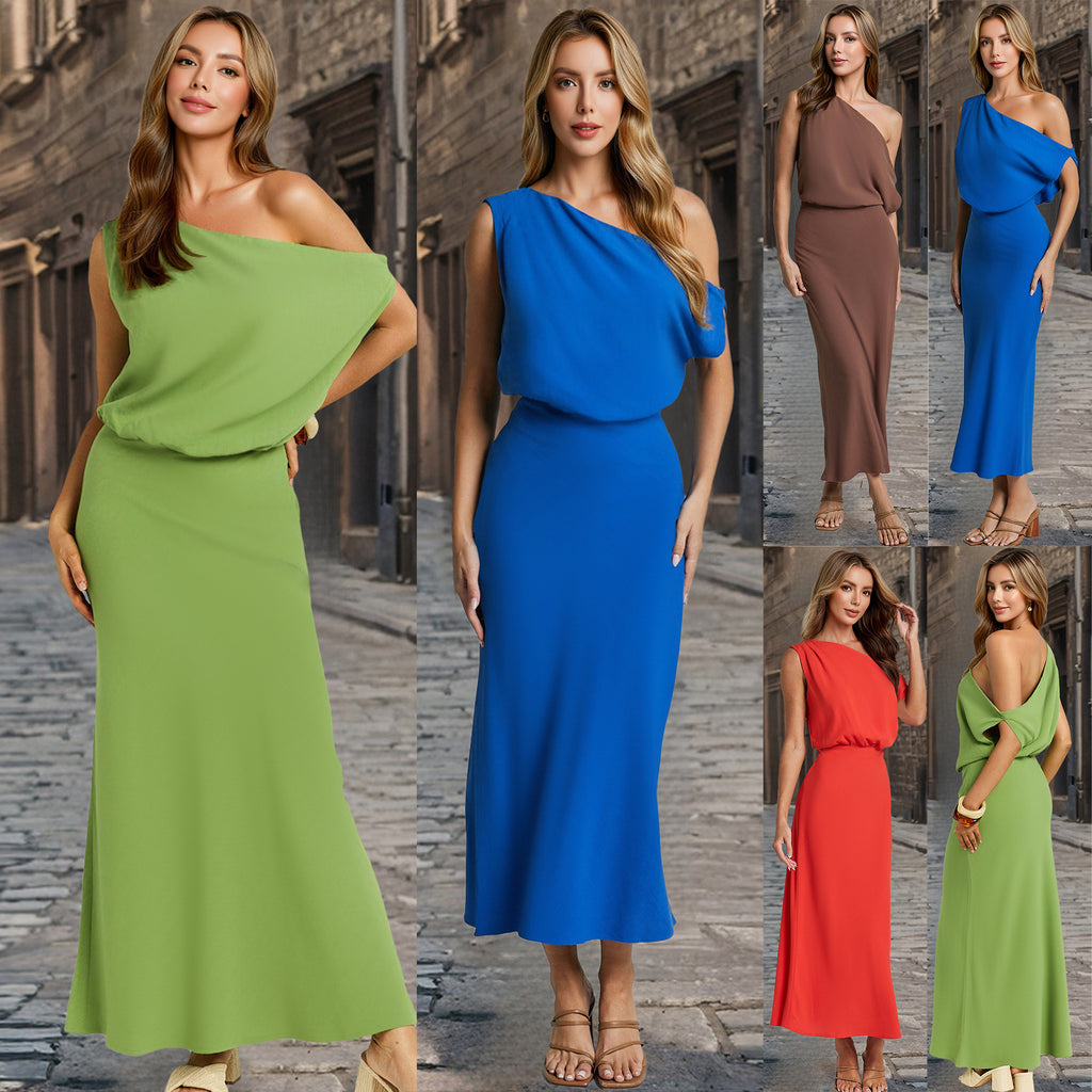 One-Shoulder Waist-Cinched Dress Long Dress