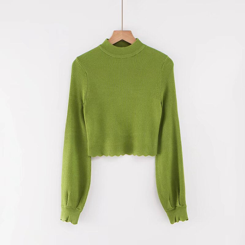Long sleeved half high neck lotus leaf sweater