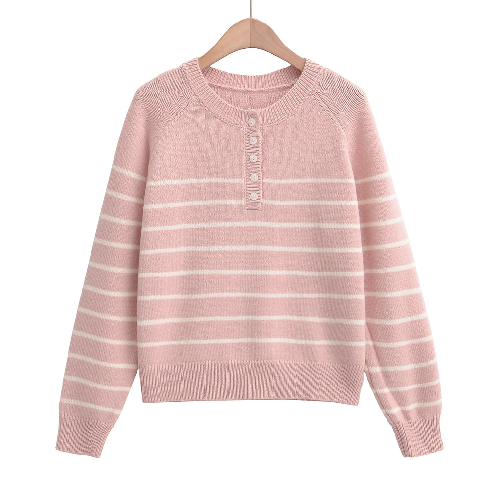 Striped round neck long sleeved loose sweater