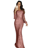 Robe longue femme, robe de soirée, robe de dîner à manches longues et franges