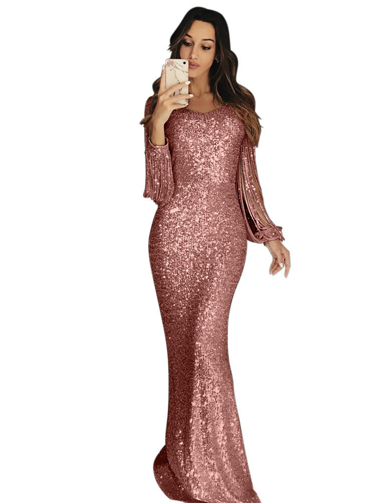 Robe longue femme, robe de soirée, robe de dîner à manches longues et franges