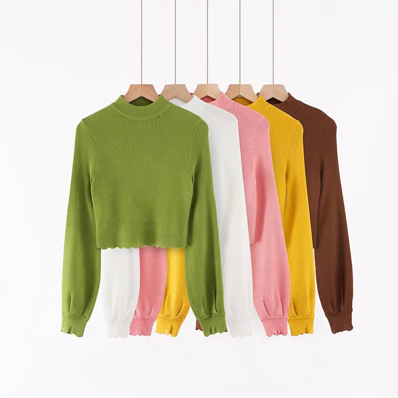 Long sleeved half high neck lotus leaf sweater