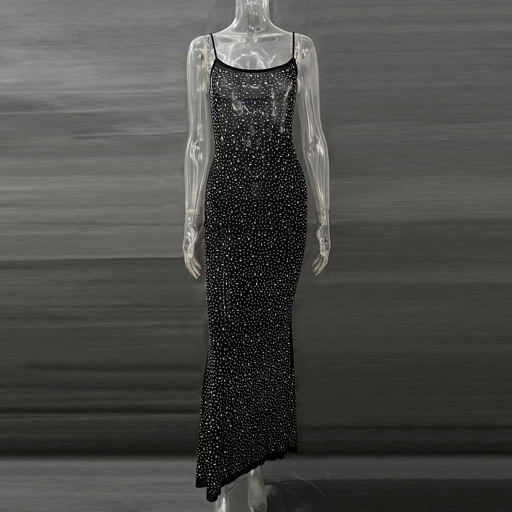 Robe de soirée longue sirène sexy à bretelles avec diamants brillants pour femme