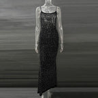 Robe de soirée longue sirène sexy à bretelles avec diamants brillants pour femme