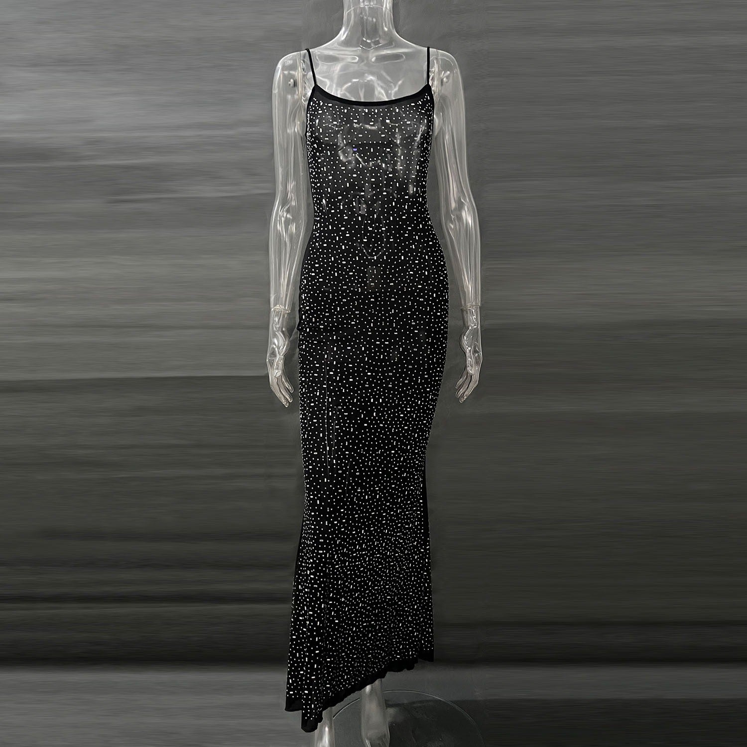 Robe de soirée longue sirène sexy à bretelles avec diamants brillants pour femme
