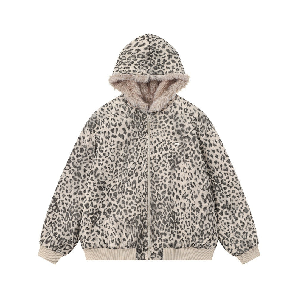 Veste Imprimé Léopard Col Fourrure à Capuche