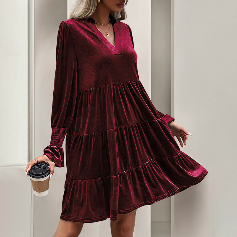 Robe à Manches Longues Entrecoupée Robe de Soirée Robe en Velours