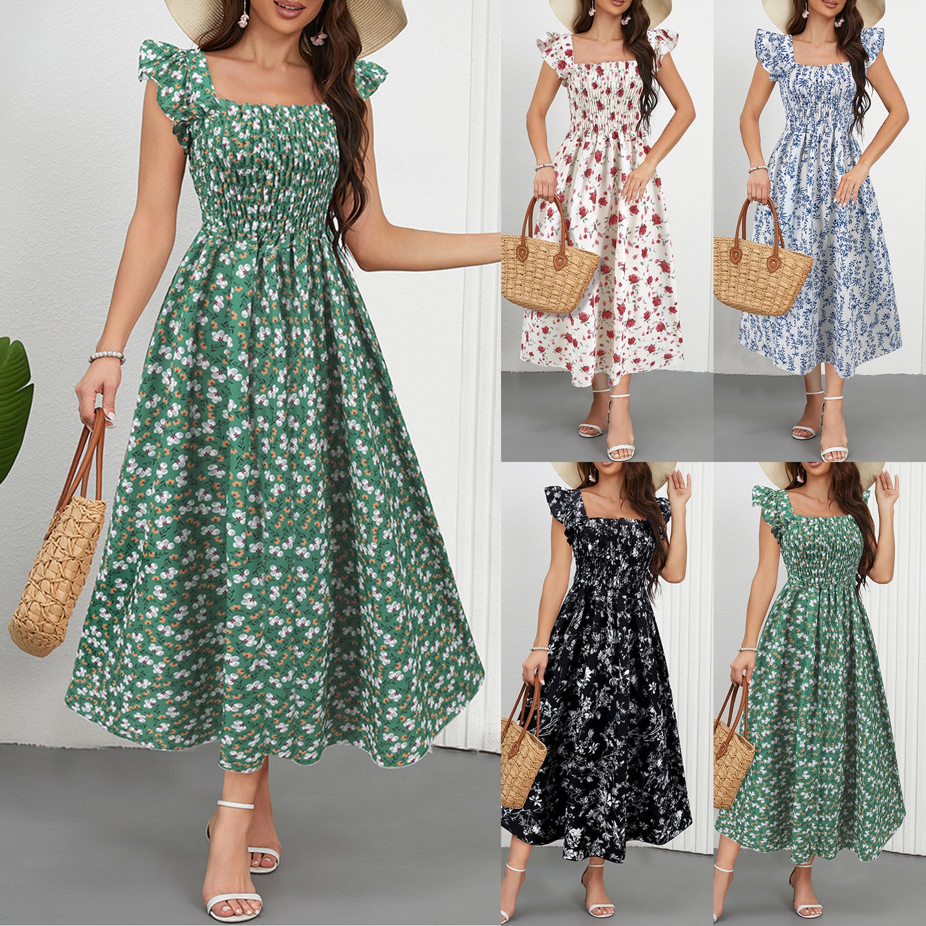 Robe Imprimée Col Carré Coupe Évasée Longue