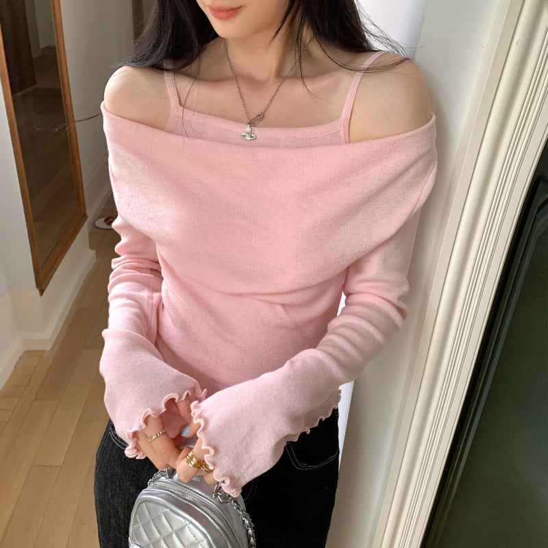 Pure and Gentle Style Pink Off-Shoulder False Two-Piece Knit Bodysuit for Women