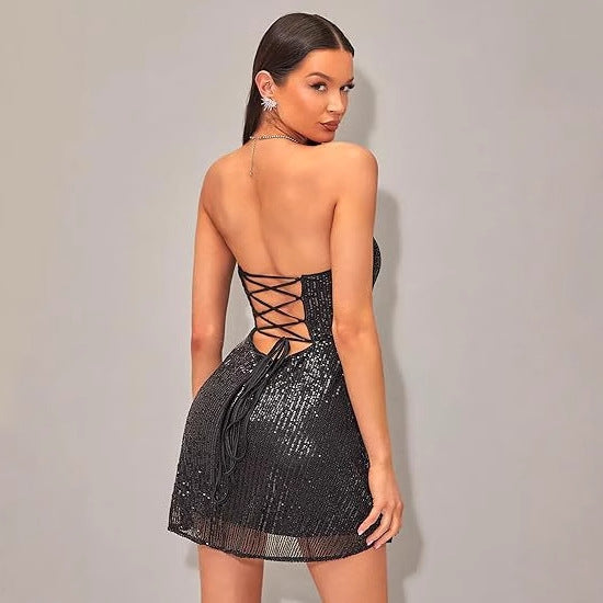 Shiny Sequin Dress Strap Beaded Dress