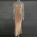 Robe de soirée longue sirène sexy à bretelles avec diamants brillants pour femme