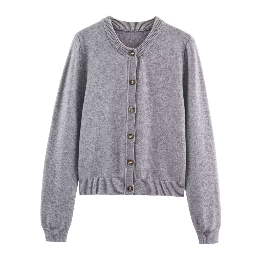 Round neck solid color long sleeved knitted cardigan jacket